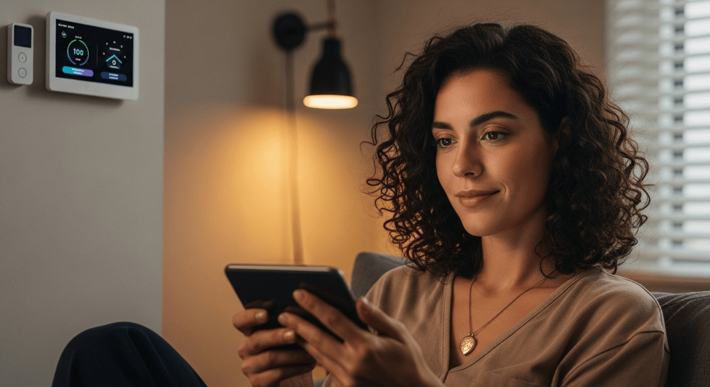 Woman using a smartphone in a dimly lit room with a thermostat on the wall.