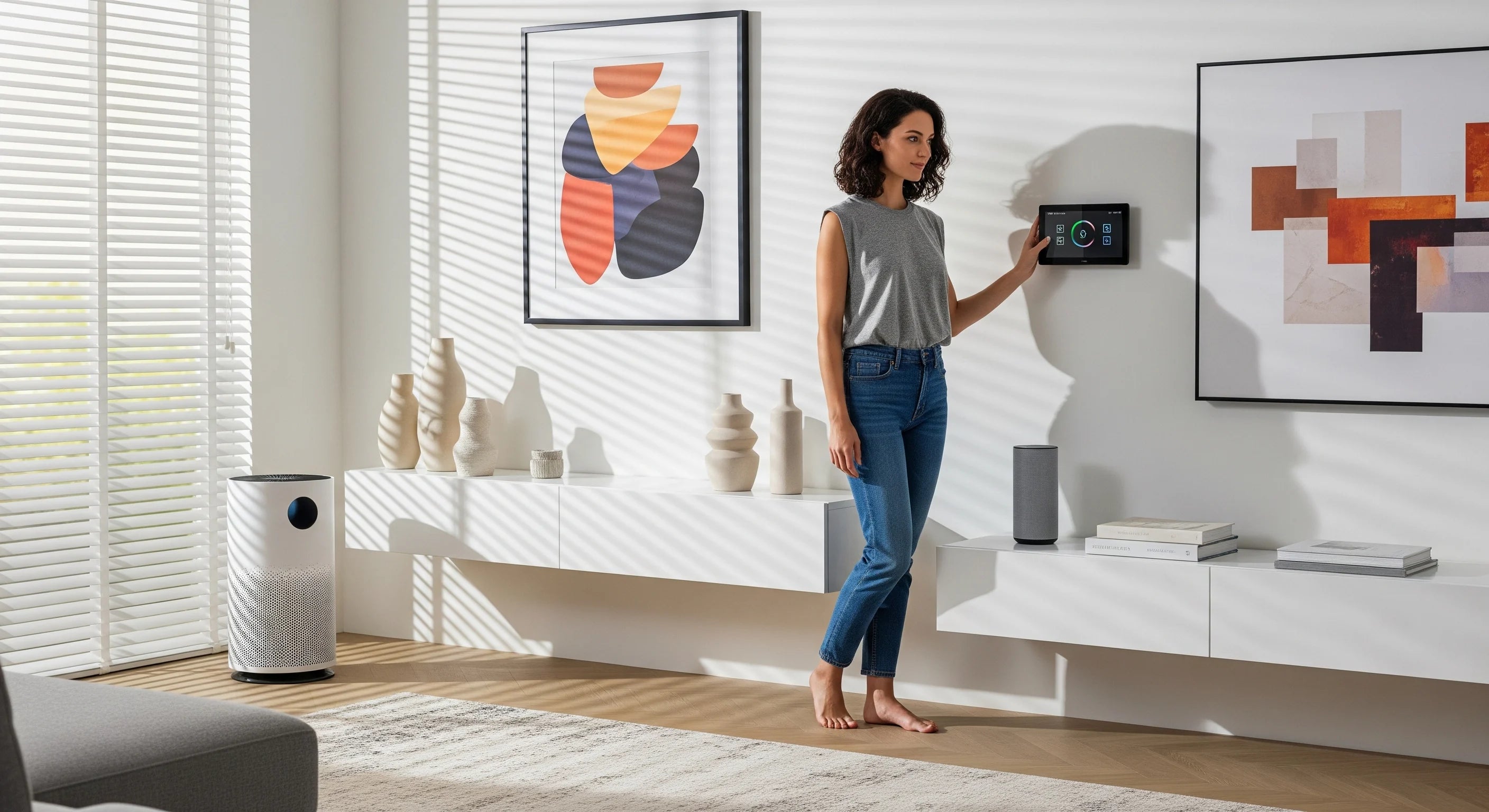 Woman standing in a modern living room with white walls and decor.