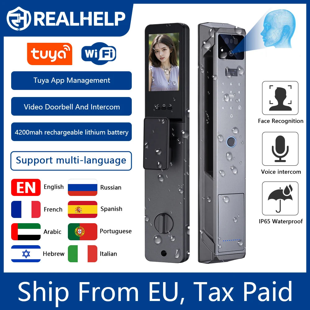 Weatherproof Smart Lock with Face Recognition, App Control & Video Doorbell